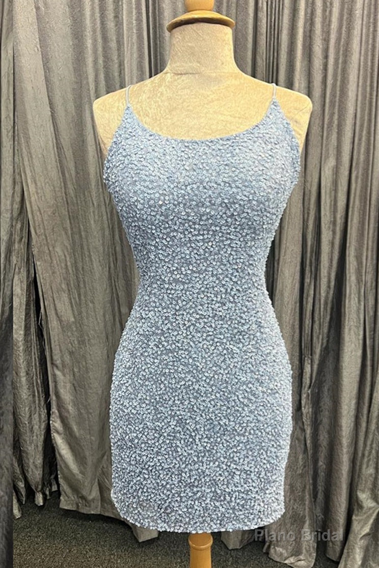 Light Blue Lace-Up Sequins Sheath Homecoming Dress Main image