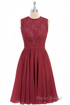 Burgundy Lace Sleeveless Backless A-Line Short Bridesmaid Dresses