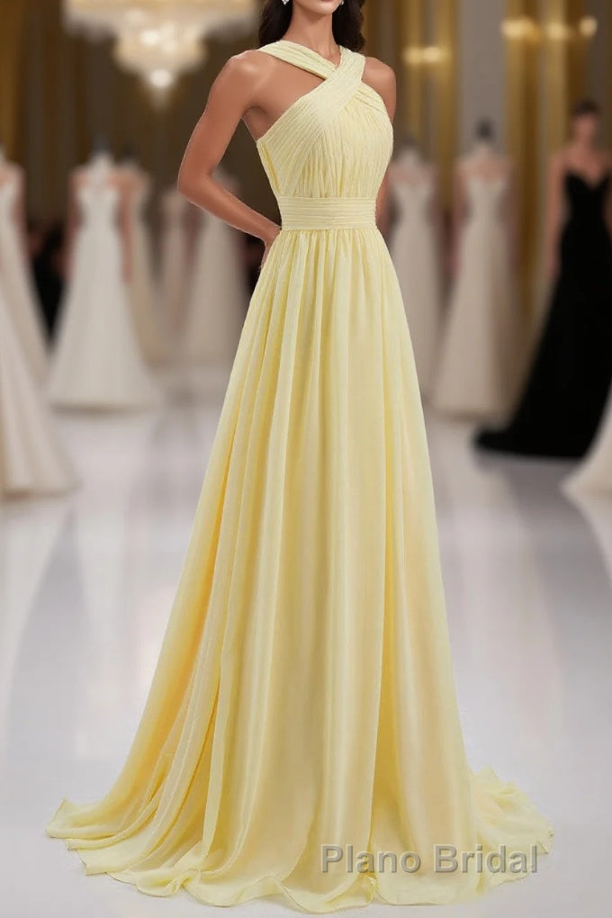Cross Front Yellow Pleated Chiffon Long Bridesmaid Dresses Main image