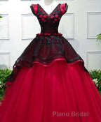 Unique Burgundy V Neck Tulle Long Formal Prom Dresses, Burgundy Evening Dresses