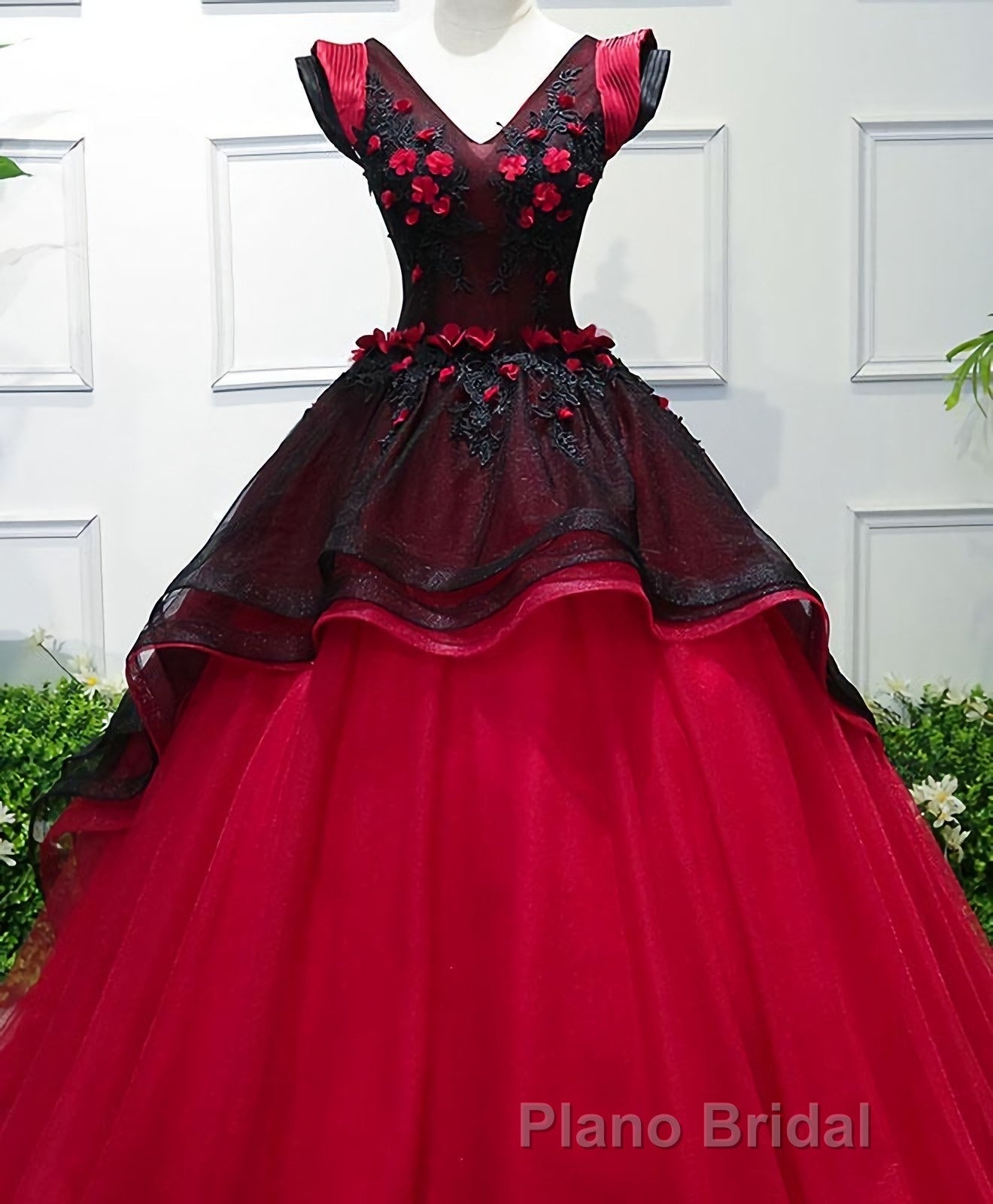 Unique Burgundy V Neck Tulle Long Formal Prom Dresses, Burgundy Evening Dresses
