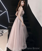 Champagne V Neck Tulle Long Prom Dress Evening Dress