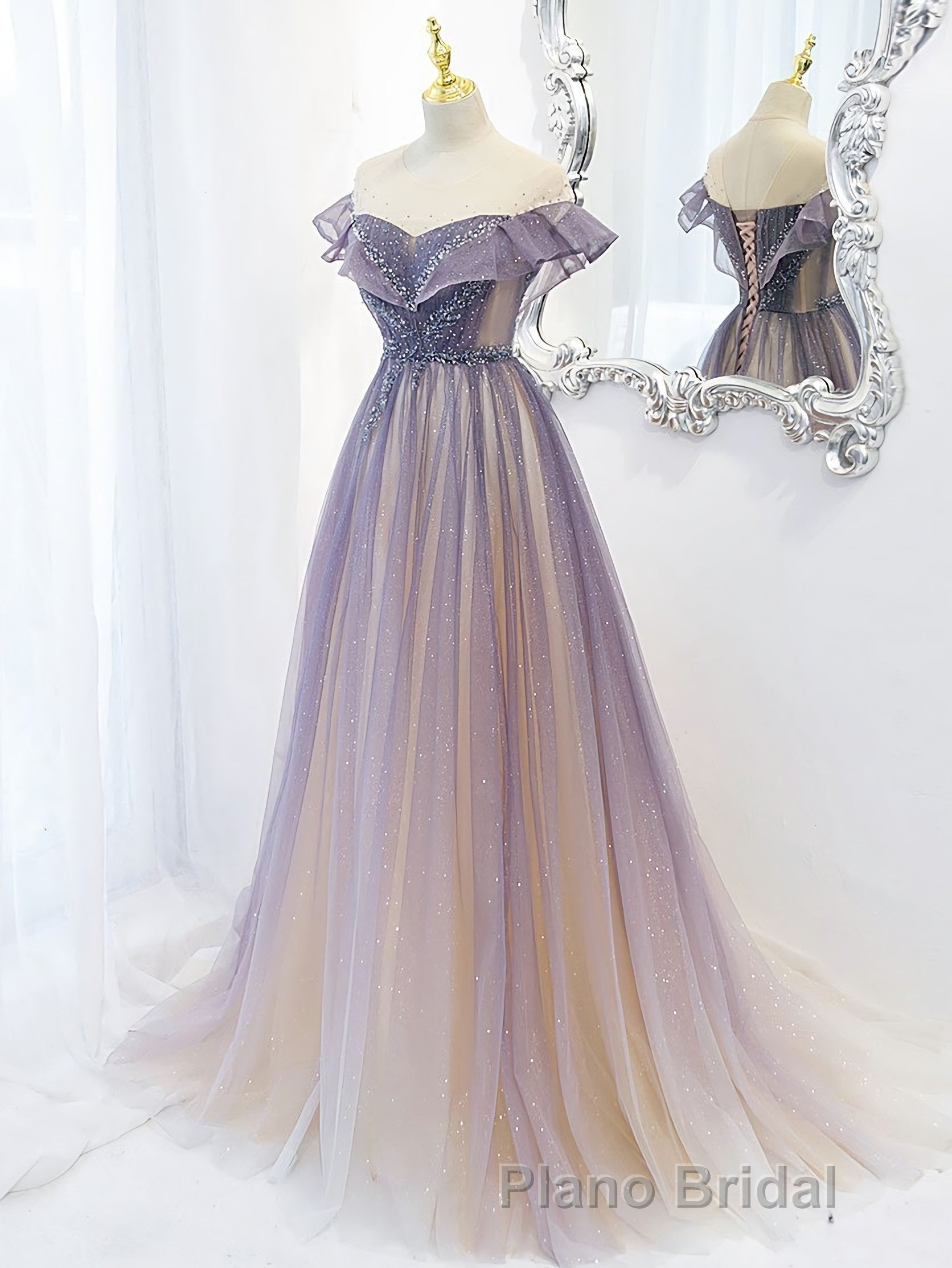 Purple Off Shoulder Tulle Sequin Long Formal Prom Dresses, Purple Evening Dresses
