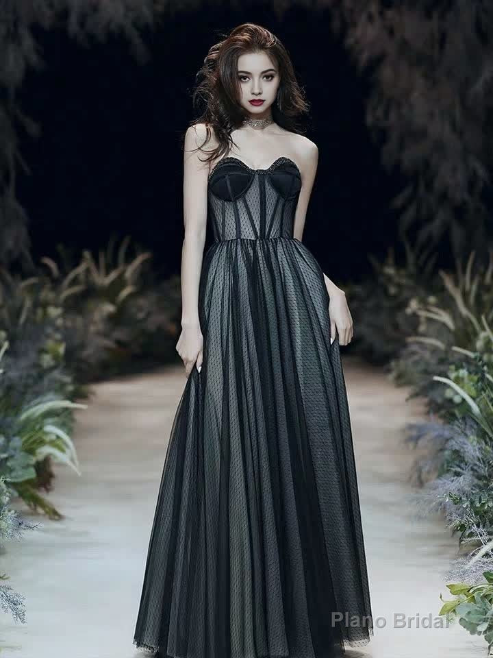 Black A-Line Prom Dresses Open Back Dress Formal Party Floor Length Sleeveless Spaghetti Strap Tulle with Pleats Main image