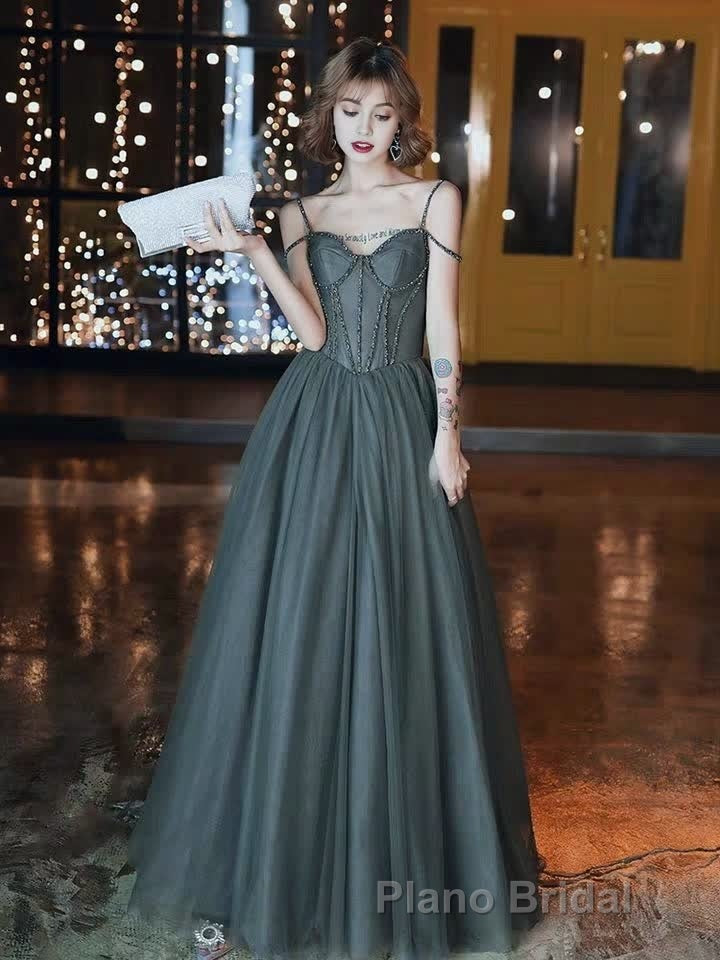 A-Line Formal Prom Dresses Open Back Dresses Formal Wedding Party Floor Length Sleeveless Spaghetti Strap Tulle with Pleats
