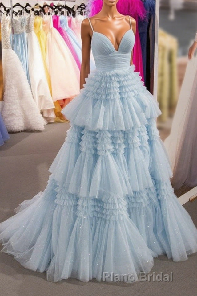 Elegant Light Blue Side Slit Tulle Long Formal Prom Dresses Main image