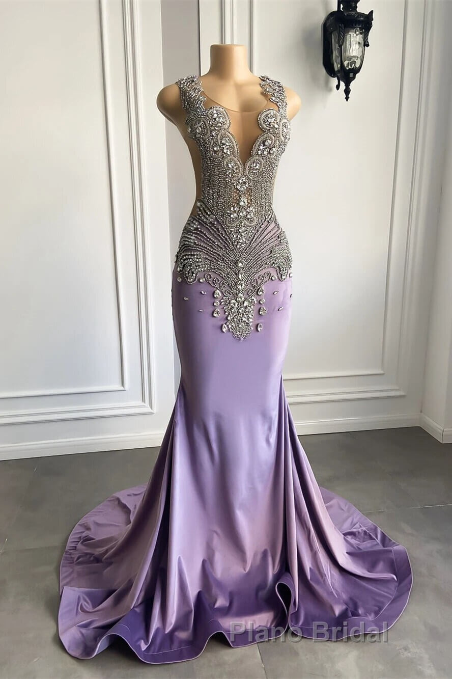 Lilac Mermaid Formal Prom Dress with Scoop Neckline Sleeveless and Crystal Beadings