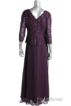 Two-Piece Plum Purple Long Sleeve Long Mother of the Bride Dresses