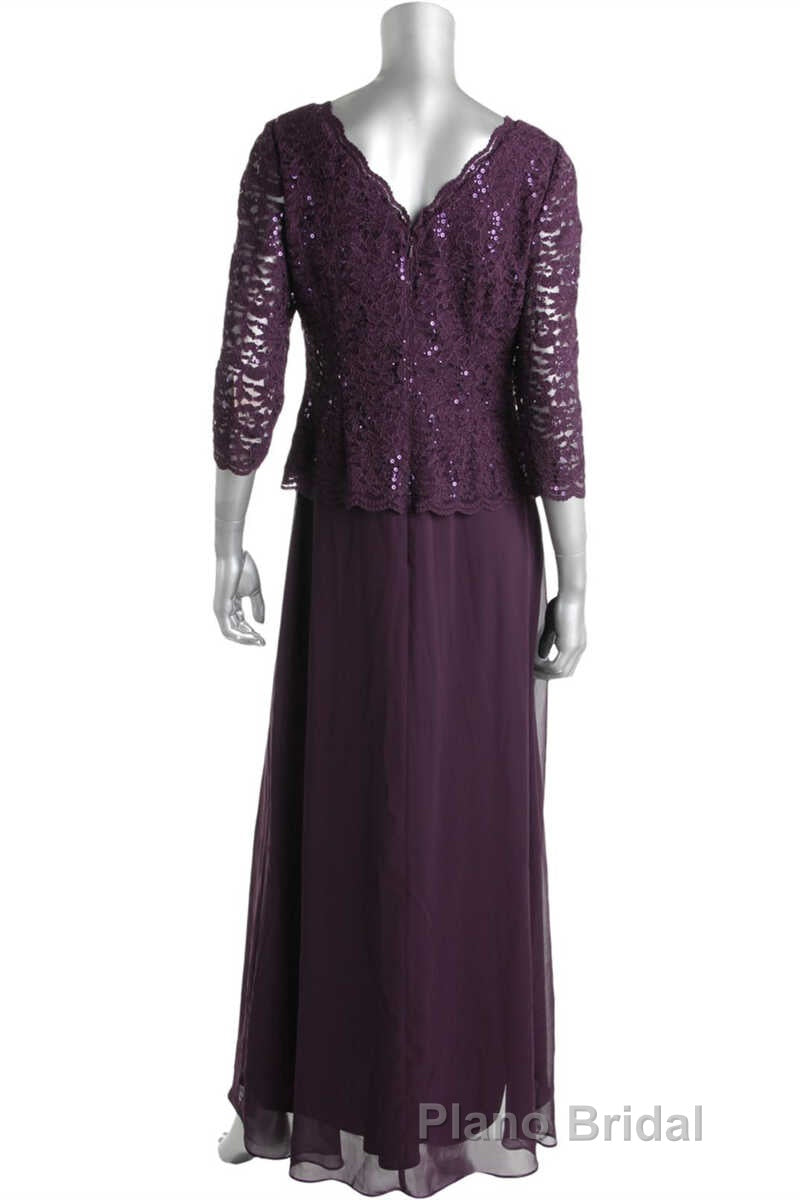 Two-Piece Plum Purple Long Sleeve Long Mother of the Bride Dresses