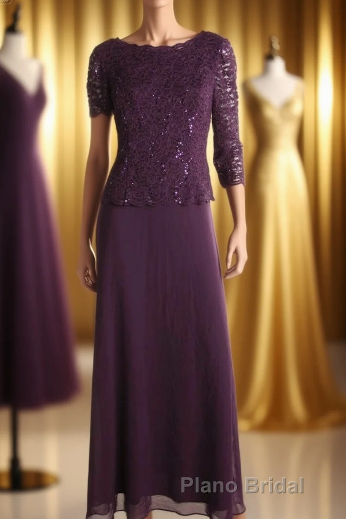 Two-Piece Plum Purple Long Sleeve Long Mother of the Bride Dresses Main image