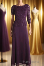 Two-Piece Plum Purple Long Sleeve Long Mother of the Bride Dresses