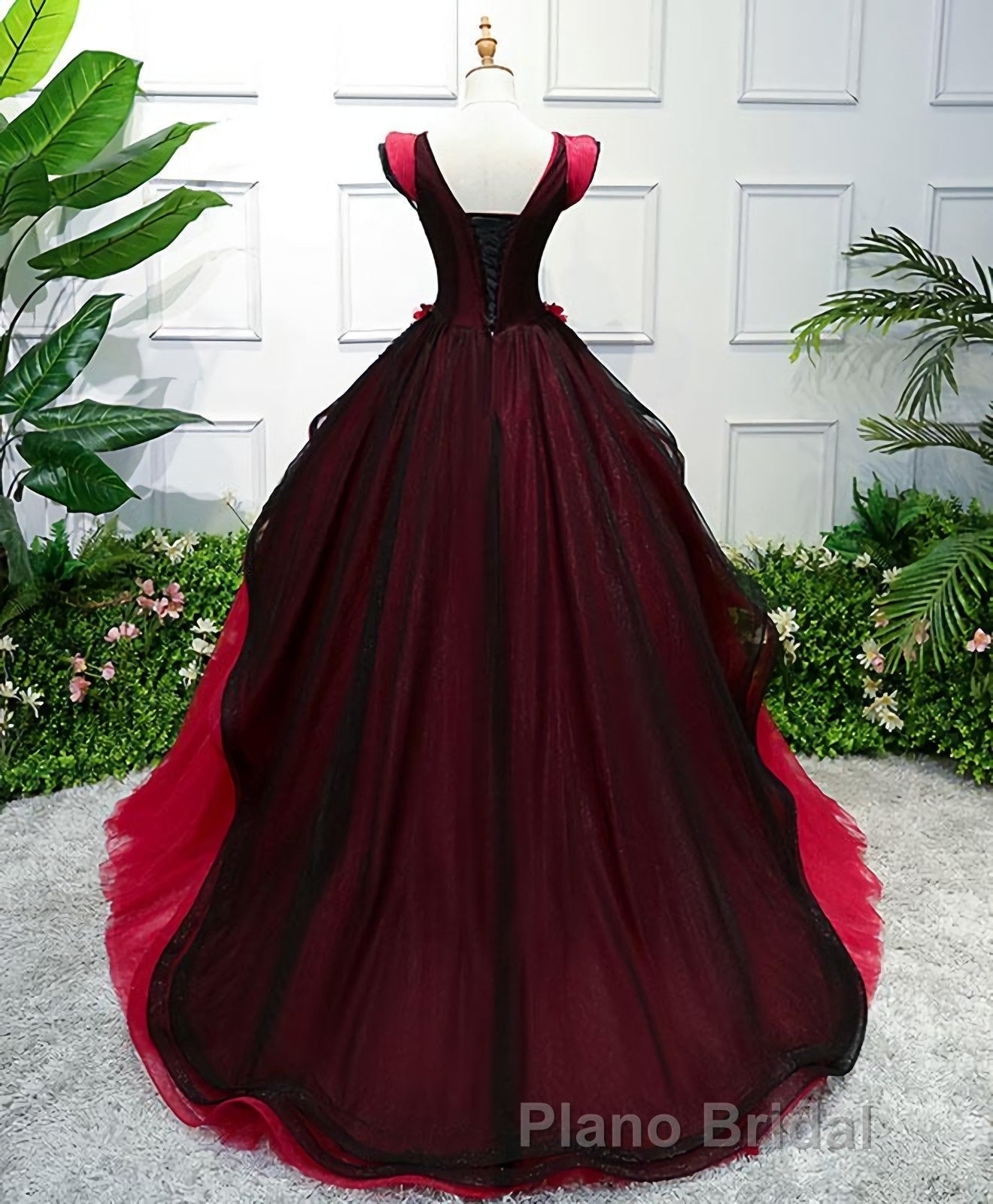Unique Burgundy V Neck Tulle Long Formal Prom Dresses, Burgundy Evening Dresses Secondary image