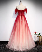 Burgundy Off Shoulder Tulle Long Formal Prom Dresses, Burgundy Prom Dresses, 1