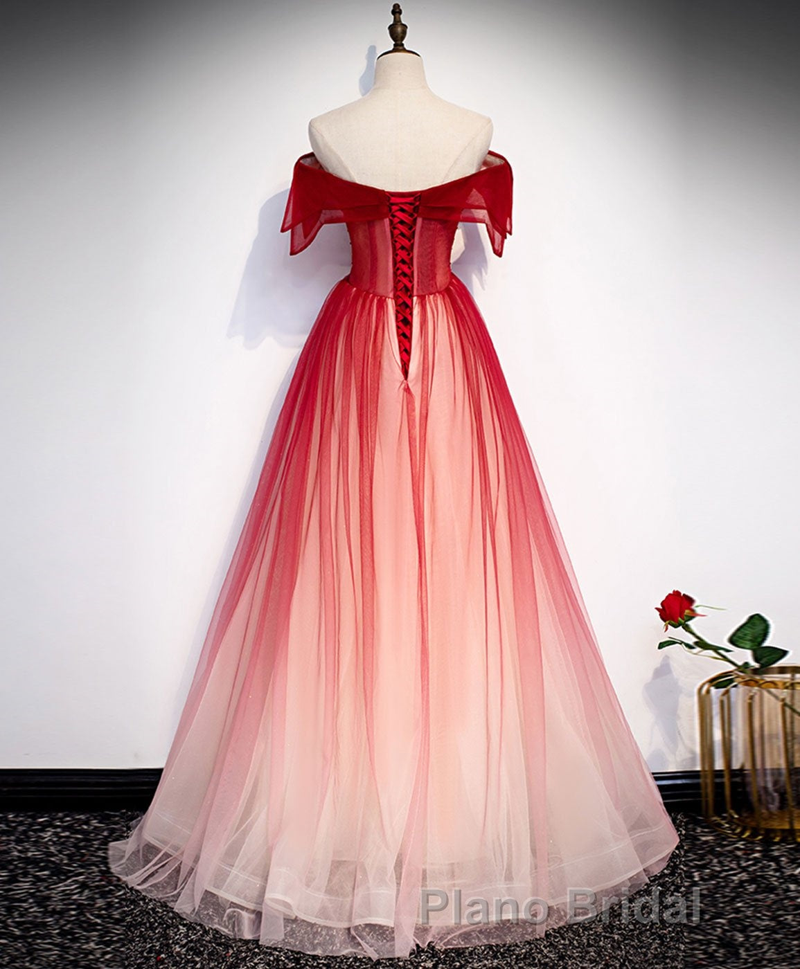 Burgundy Off Shoulder Tulle Long Formal Prom Dresses, Burgundy Prom Dresses, 1