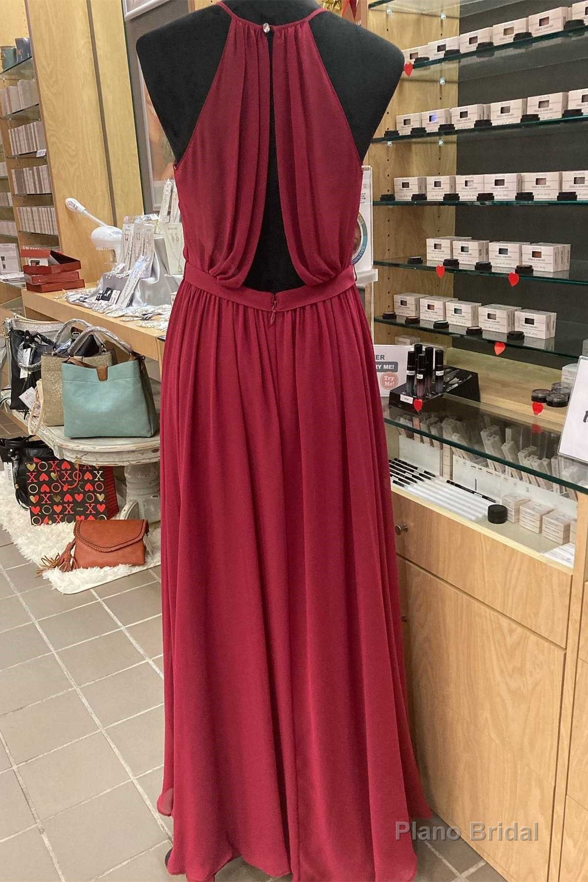 Red Chiffon Halter Backless A-Line Long Bridesmaid Dress Main image