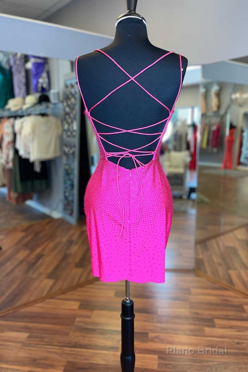 Hot Pink Beaded Lace-Up Bodycon Mini Homecoming Dress Secondary image