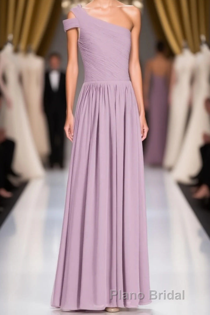 Dusty Purple Chiffon One-Shoulder A-Line Long Bridesmaid Dresses Main image