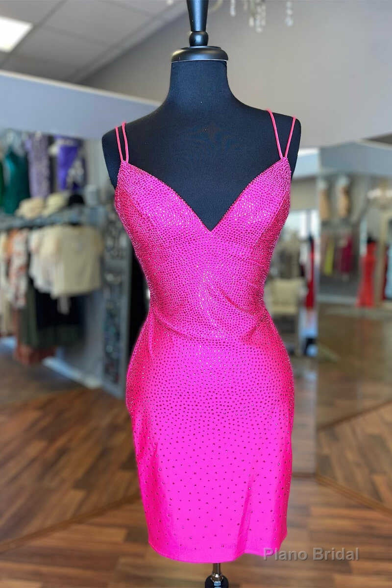 Hot Pink Beaded Lace-Up Bodycon Mini Homecoming Dress Main image