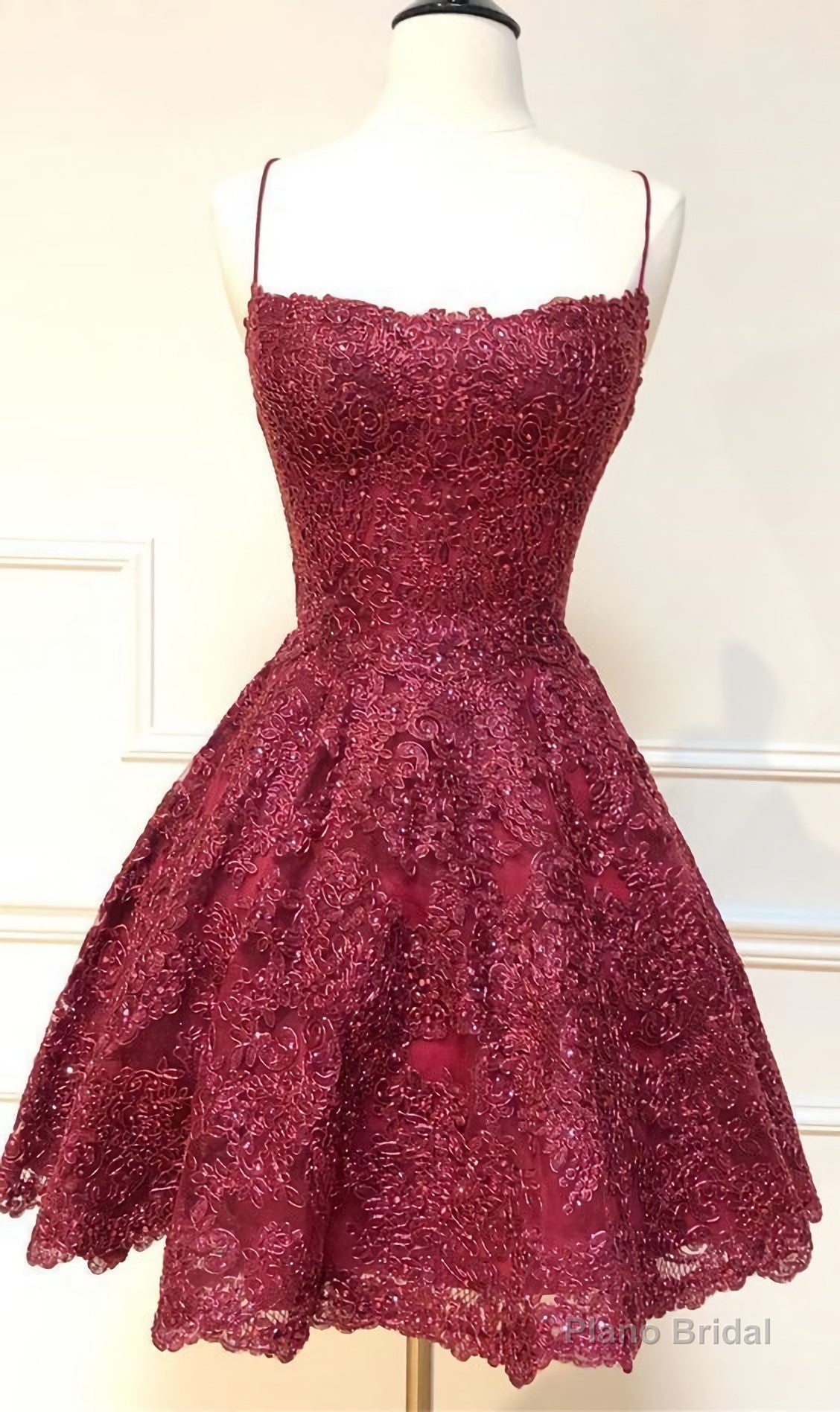 Formal Short Homecoming Dresses, Spaghetti Straps Cocktail Party Dresses, Burgundy Lace Homecoming Dresses, 2476 Main image