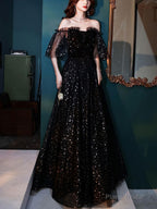 Black Tulle Off Shoulder Tulle Long Prom Dress, Black Evening Dress