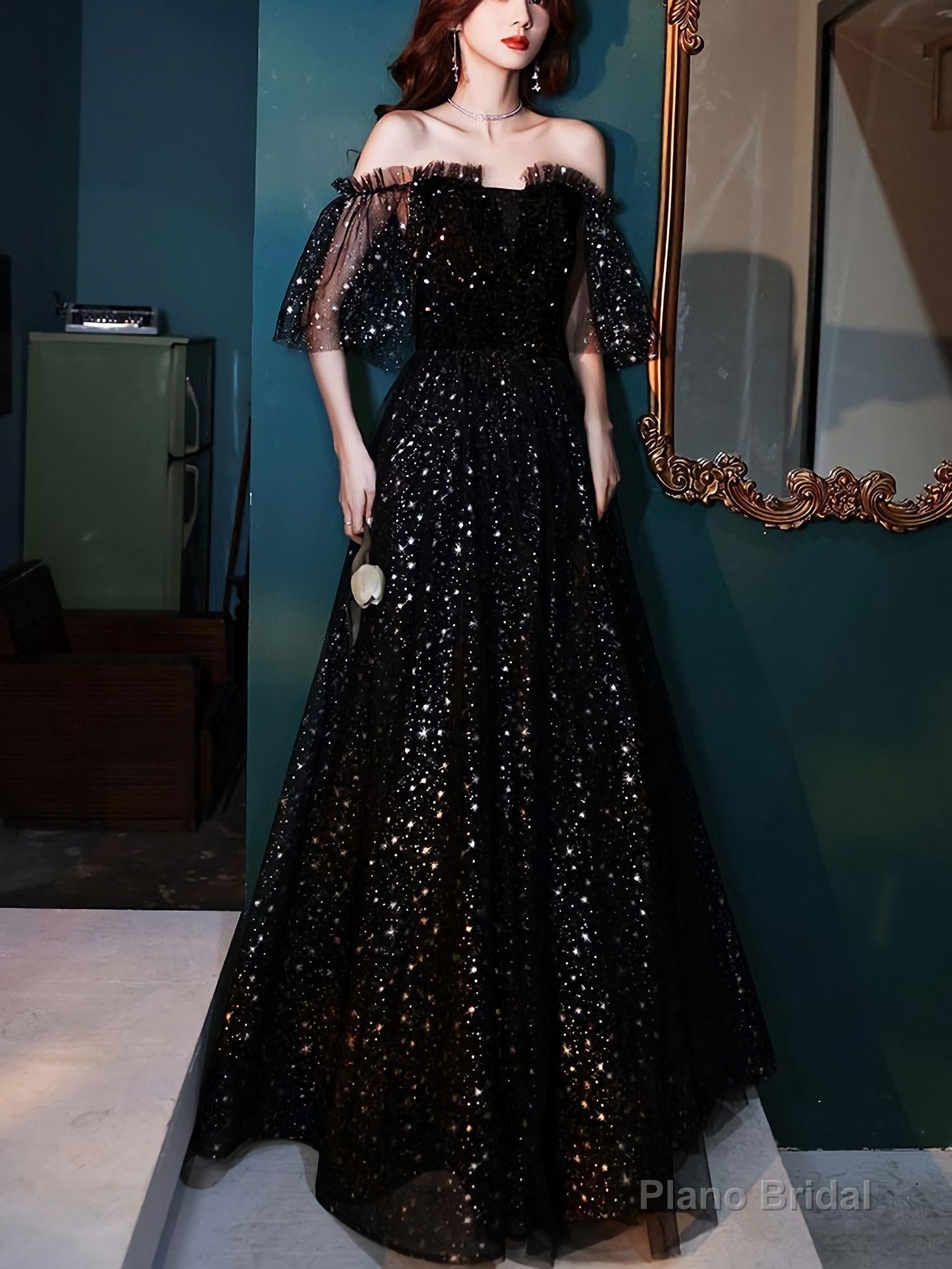 Black Tulle Off Shoulder Tulle Long Prom Dress, Black Evening Dress