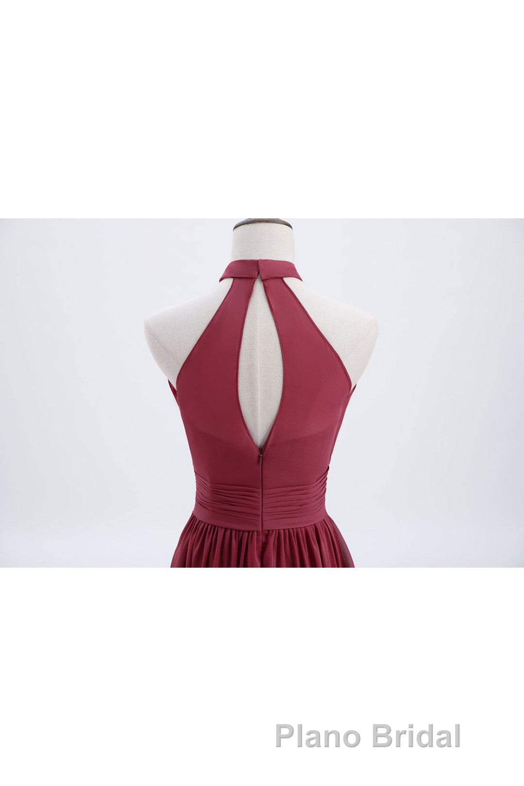 High Neck Burgundy Chiffon A-line Long Bridesmaid Dresses