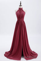 High Neck Burgundy Chiffon A-line Long Bridesmaid Dresses