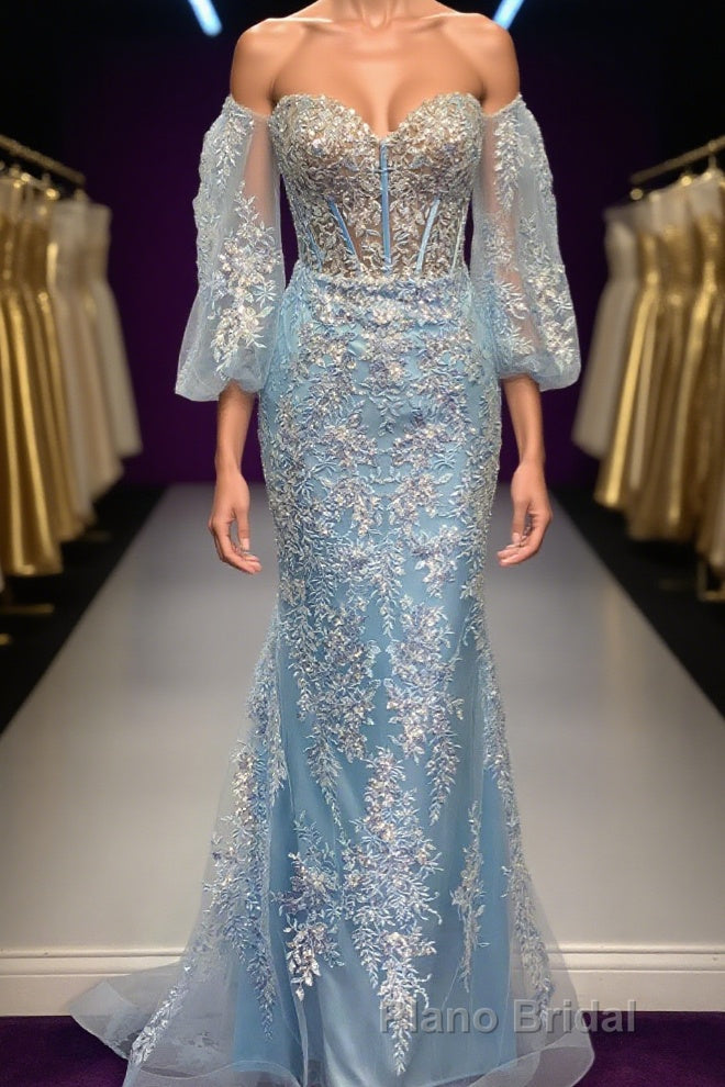 Light Blue Off-Shoulder Floral Appliques Mermaid Long Formal Prom Dresses