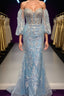 Light Blue Off-Shoulder Floral Appliques Mermaid Long Formal Prom Dresses
