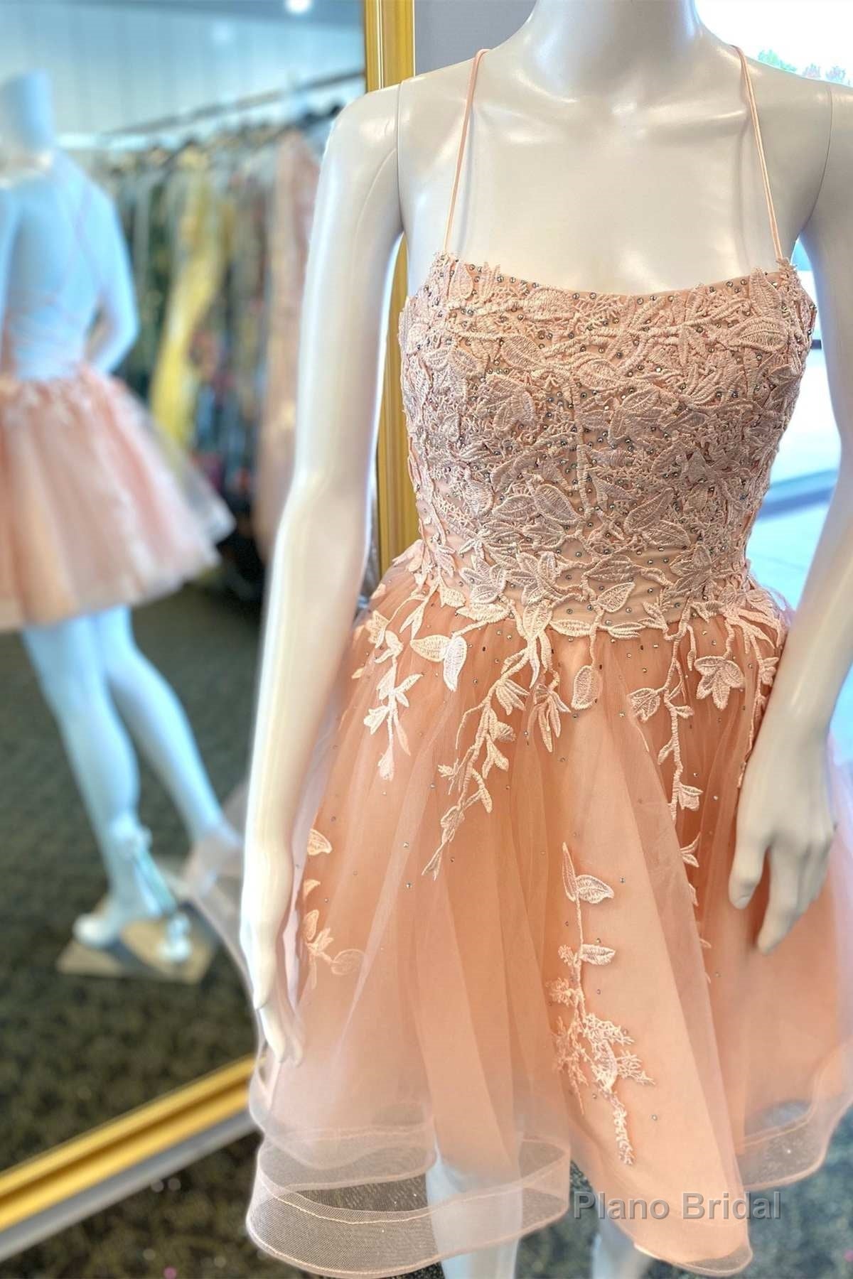 Peach Appliques Lace-Up Back A-Line Short Party Dress Main image