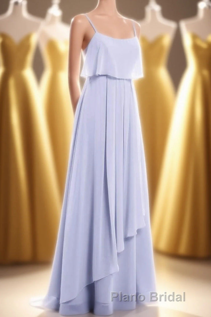 Lavender Chiffon Spaghetti Straps Ruffled A-Line Long Dresses Main image