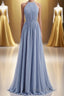 Misty Blue Scoop Chiffon A-line Long Bridesmaid Dresses