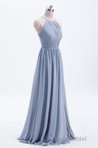 Misty Blue Scoop Chiffon A-line Long Bridesmaid Dresses