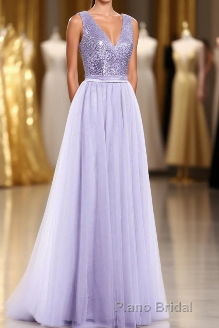 Lavender Sequin V-Neck Backless A-Line Long Dresses Main image
