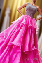 Hot Pink Beaded Top One Shoulder Layers Long Formal Prom Dresses