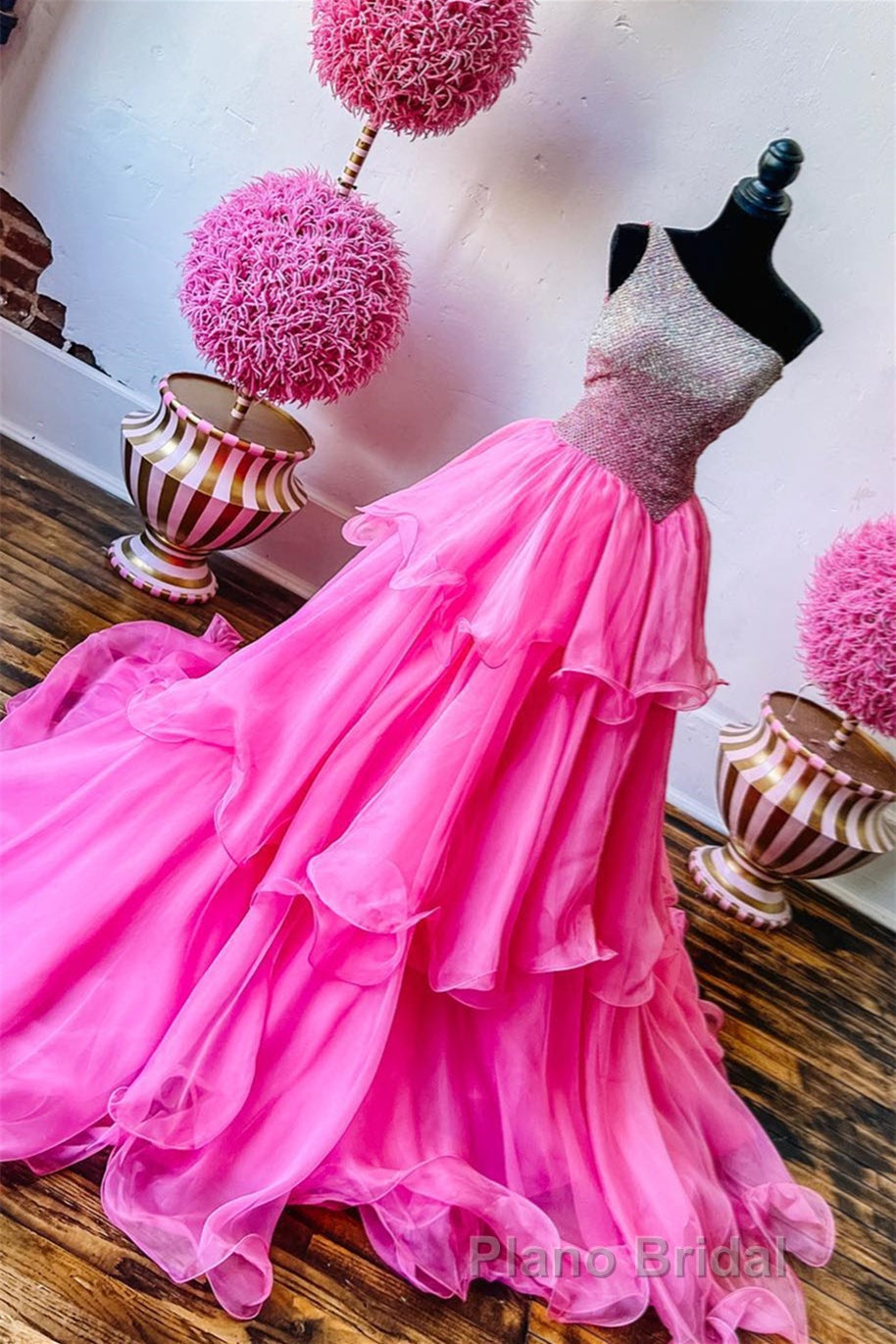 Hot Pink Beaded Top One Shoulder Layers Long Formal Prom Dresses Secondary image