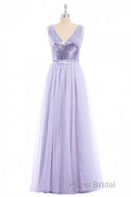 Lavender Sequin V-Neck Backless A-Line Long Dresses