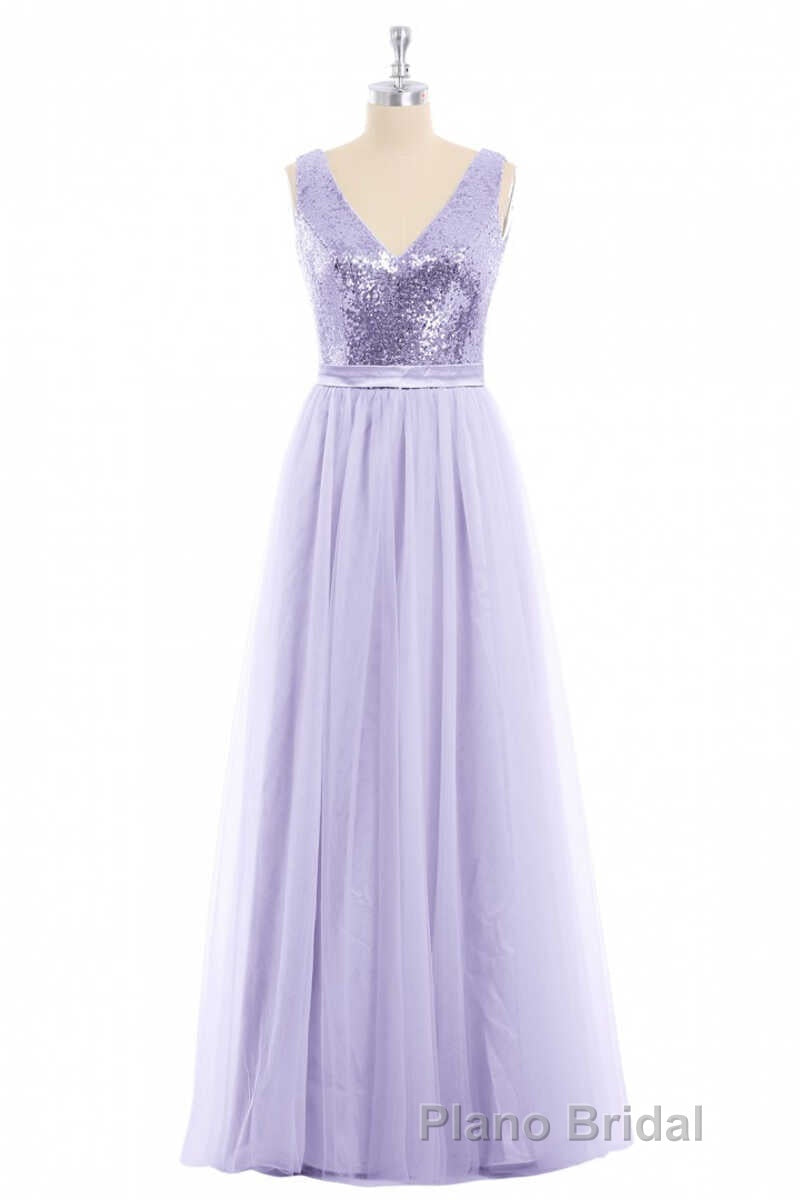 Lavender Sequin V-Neck Backless A-Line Long Dresses