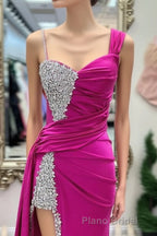 Asymmetrical Magenta Beaded Long Prom Dresses with Attached Train