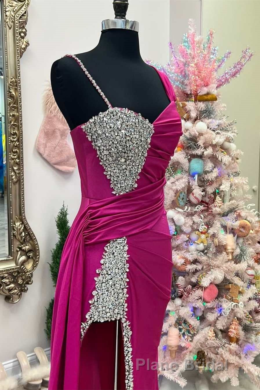Asymmetrical Magenta Beaded Long Prom Dresses with Attached Train Secondary image