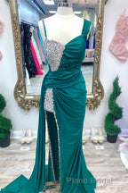 Asymmetrical Magenta Beaded Long Prom Dresses with Attached Train