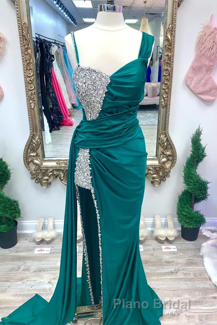 Asymmetrical Magenta Beaded Long Prom Dresses with Attached Train