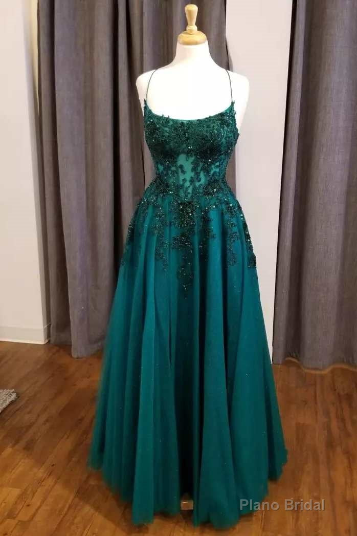 Hunter Green Floral Lace Scoop Neck A-Line Prom Dress Main image