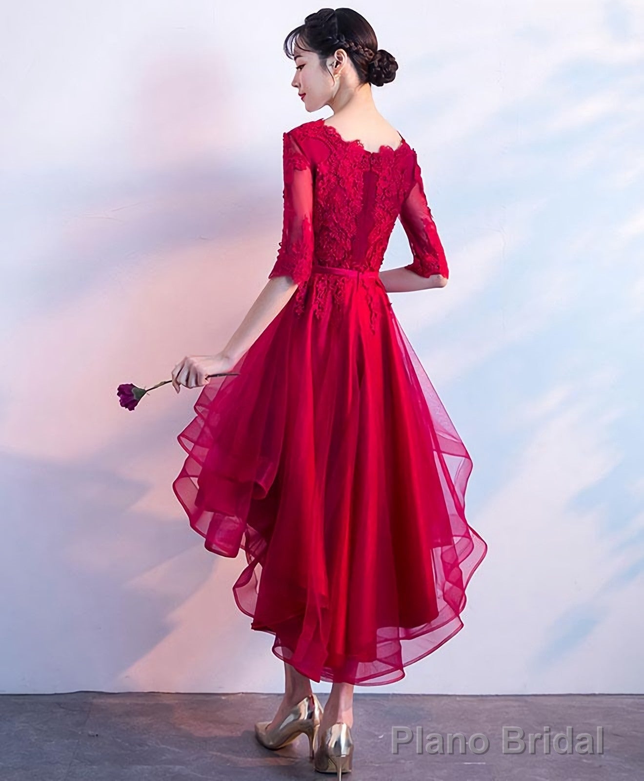 Burgundy V Neck Tulle Lace Short Prom Dress Bridesmaid Dress Secondary image