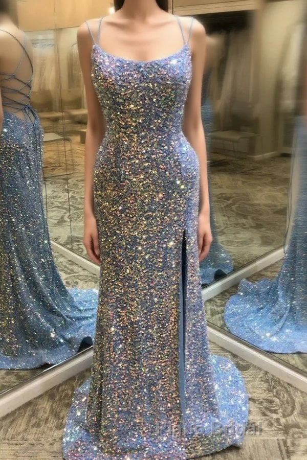 Double Straps Lace-Up Sequins Long Formal Prom Dress with Slit Main image