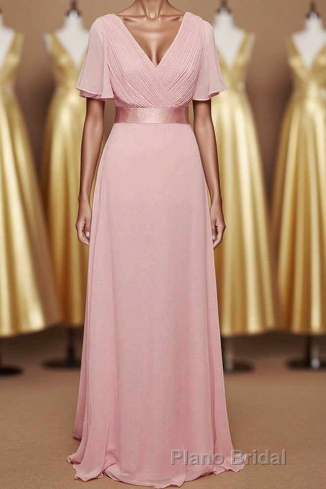 Pink V-Neck Ruffled A-Line Long Bridesmaid Dresses Main image