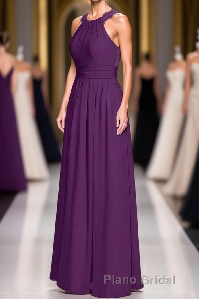 Magenta Chiffon Halter Cutout Back Long Bridesmaid Dresses Main image