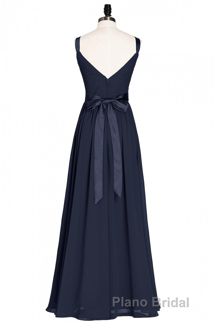 Navy Blue V-Neck Tie-Back A-Line Long Bridesmaid Dresses