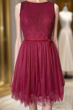 A-line Scoop Neck Tulle Lace Mini Bridesmaid Dresses with Sash