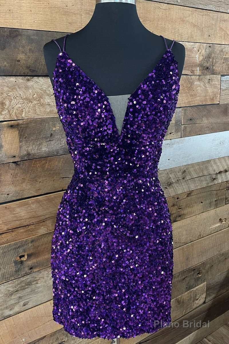 Purple Sequin Plunge V Lace-Up Short Party Dress Main image